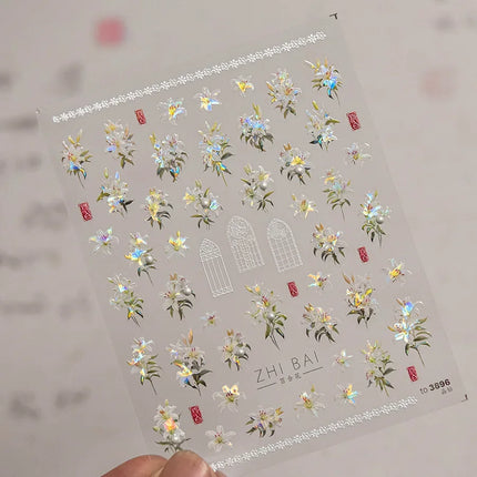 5D Kawaii Lily Nail Art Stickers 1pcs Japanese Pink White Flower With Diamond Self Adhesive Nail Decorations Slider Decals DIY