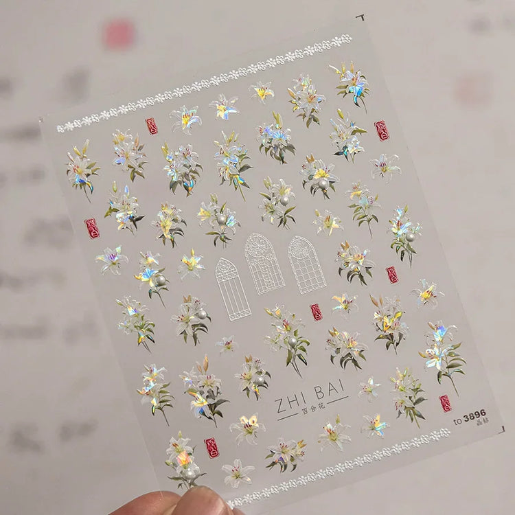 5D Kawaii Lily Nail Art Stickers 1pcs Japanese Pink White Flower With Diamond Self Adhesive Nail Decorations Slider Decals DIY