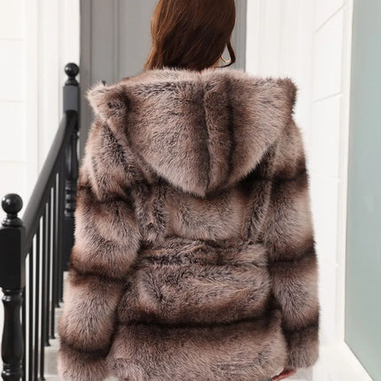 ZADORIN New Stripes Winter Fur Coats Woman Mid Long Hooded Warm Loose Faux Fur Coat For Woman Elegant Belted Fluffy Fur Jacket