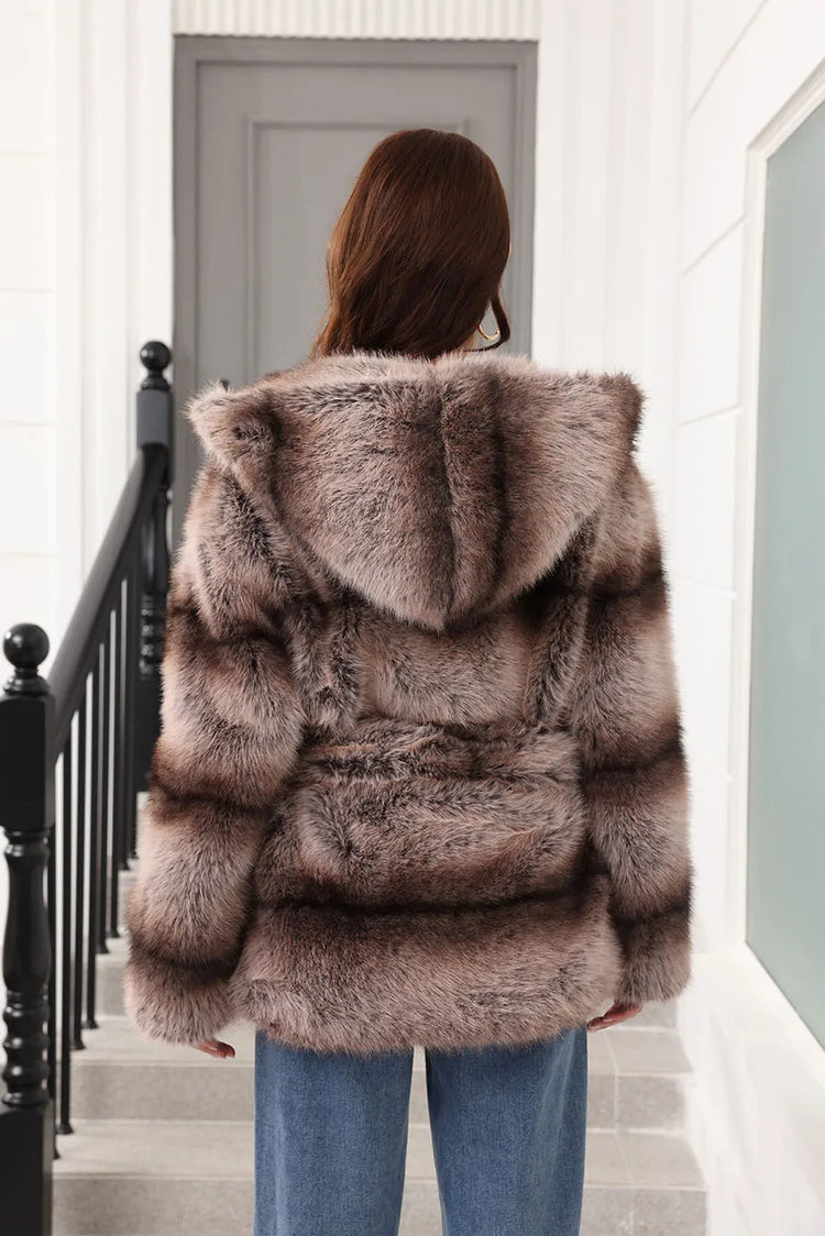 ZADORIN New Stripes Winter Fur Coats Woman Mid Long Hooded Warm Loose Faux Fur Coat For Woman Elegant Belted Fluffy Fur Jacket