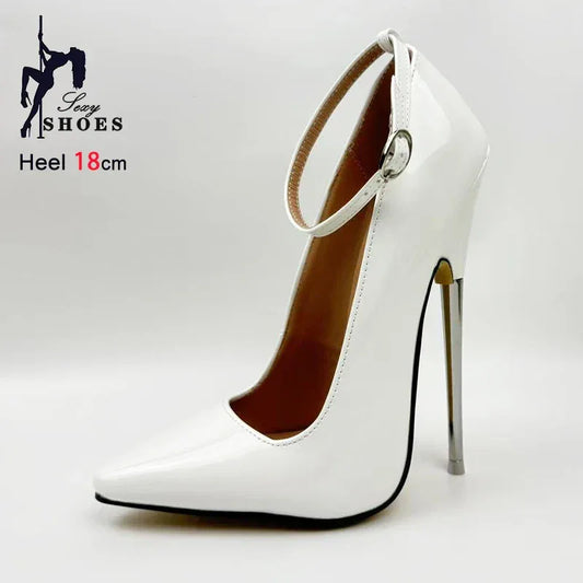 18CM/7'' Ultra high heel Ankle Strap Sexy Ballet Shoes Women Fetish White Pointed SM Game Stylish Stiletto Pumps Large Size 46 - PlatiNum