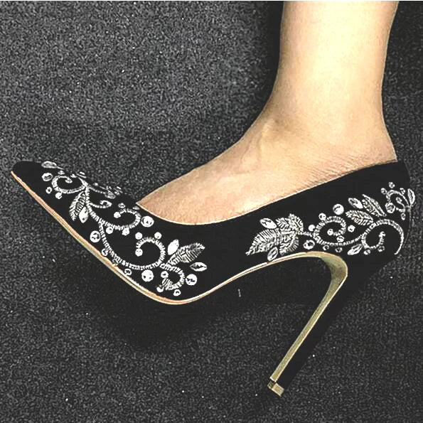 Bling Rhinestone Gold Silver Flower Embroidery Blade Heel Pumps Metal High Heels Crystal Black Suede Pointed Toe Woman Shoes