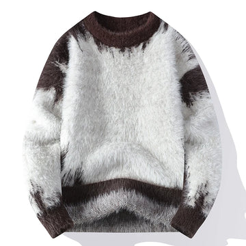 Autumn Winter Men's Casual Warm Fake mink fur Retro Knitted Sweater Round Neck Knitting Pullover Sweater