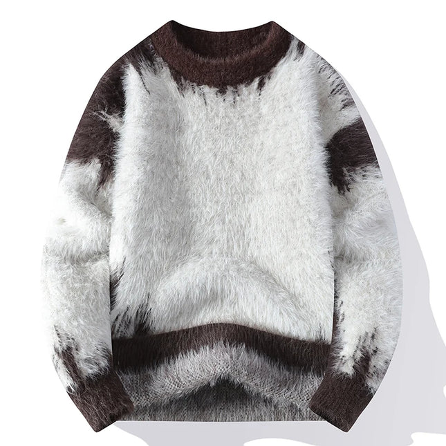 Autumn Winter Men's Casual Warm Fake mink fur Retro Knitted Sweater Round Neck Knitting Pullover Sweater