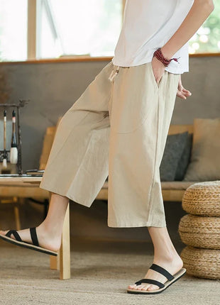 Pantaloni di lino da uomo in stile cinese Pantaloni a gamba larga da uomo con cavallo basso Pantaloni da uomo HipHop Pantaloni al polpaccio Pantaloni da pista Streetwear