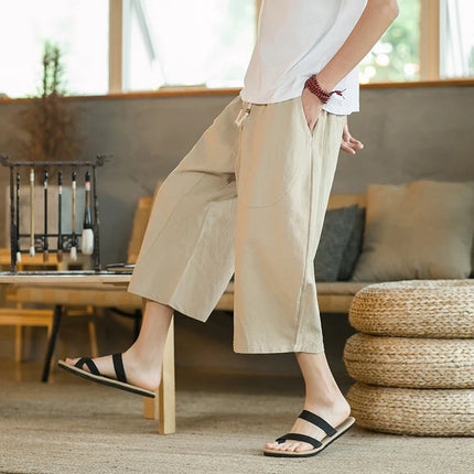 Pantaloni di lino da uomo in stile cinese Pantaloni a gamba larga da uomo con cavallo basso Pantaloni da uomo HipHop Pantaloni al polpaccio Pantaloni da pista Streetwear