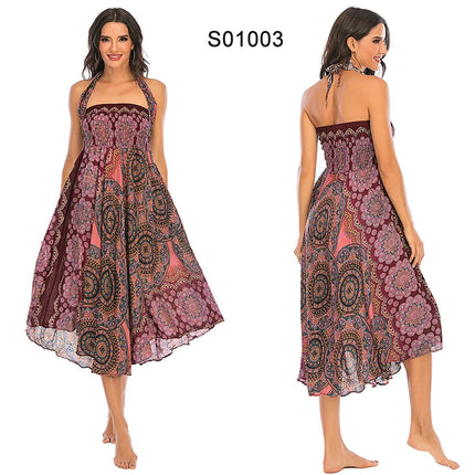 Boho Gonne Donna Rayon Beach Abito lungo Estate Bohemian Jupe Longue Femme Elastico in vita Stampa Fasciatura floreale Halter Hippie platinumshop