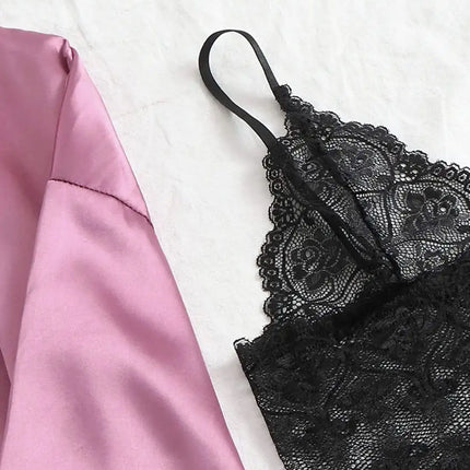 Pigiama da donna lussuoso con scollo a V in 4 pezzi camicia da notte sexy pizzo in raso halter accappatoio in raso di seta camicia da notte per la casa pigiama sexy per la casa platinumshop