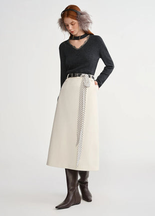 DUSHU Classic Long and Short Elastic Waist A-line Skirt 2025 Winter Skirt for Women Solid Simple Commuting Office Ladies College PlatiNum