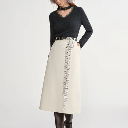 DUSHU Classic Long and Short Elastic Waist A-line Skirt 2025 Winter Skirt for Women Solid Simple Commuting Office Ladies College PlatiNum