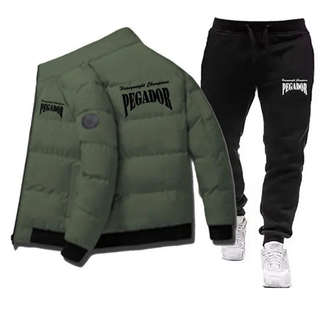 Men's Winter Warm Cotton Jacket+Drawstring Pants Set New Fashionable Casual Sports Pike Down Outdoor Windproof Jacket Set PlatiNum