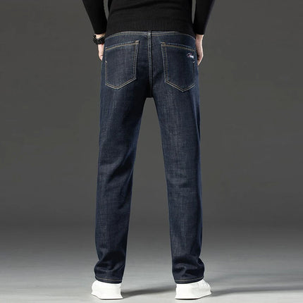 2026 Winter Thermal Stretch Jeans Men New Loose Straight Leg Casual Trousers Male Daily Commute Windproof Denim Pants