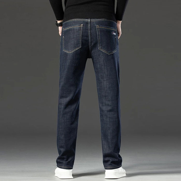 2026 Winter Thermal Stretch Jeans Men New Loose Straight Leg Casual Trousers Male Daily Commute Windproof Denim Pants