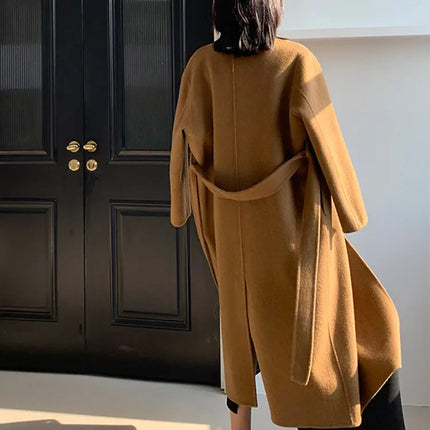 Luxury Hand-sewn Double-sided Cashmere Wool Coat Women New Mid-length Scarf Collar Loose Lace-up Warm Wool Coat Fashion Winter