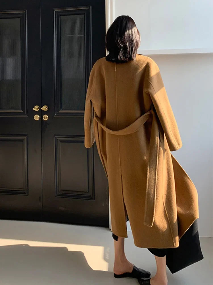 Luxury Hand-sewn Double-sided Cashmere Wool Coat Women New Mid-length Scarf Collar Loose Lace-up Warm Wool Coat Fashion Winter