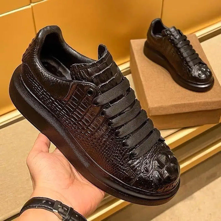 Trend crocodile print black men's breathable shoes running casual sports board shoes natural cowhide soft sole shoes