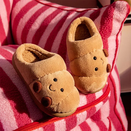 ZUOFU Unisex Cute Croissant Plush Slippers Autumn Winter Non-Slip TRP Fluffy Indoor Cotton Slippers Open & Closed Back Available