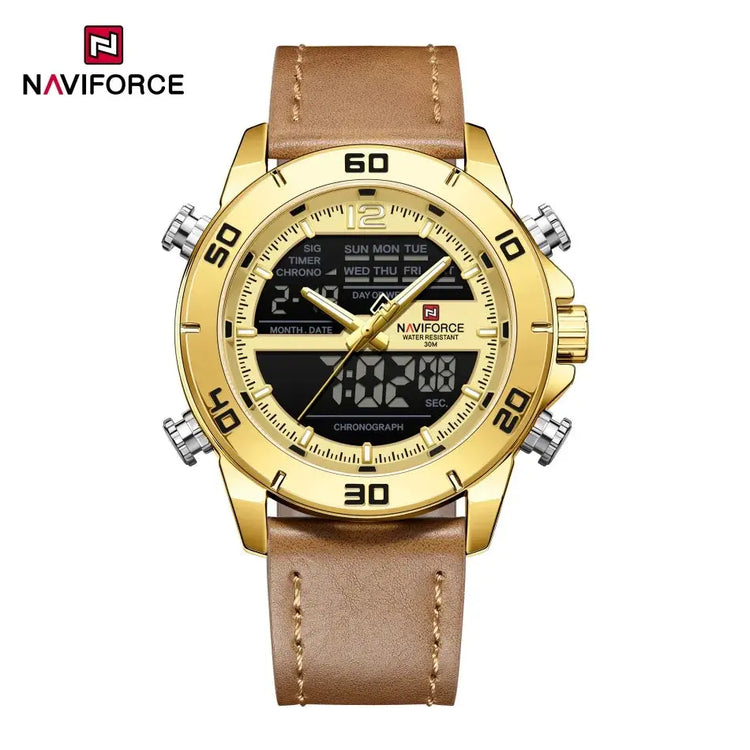 NAVIFORCE Orologio alla moda da uomo con cinturino in vera pelle Movimento al quarzo resistente all'acqua 30M Display luminoso con giorno e data F platinumshop