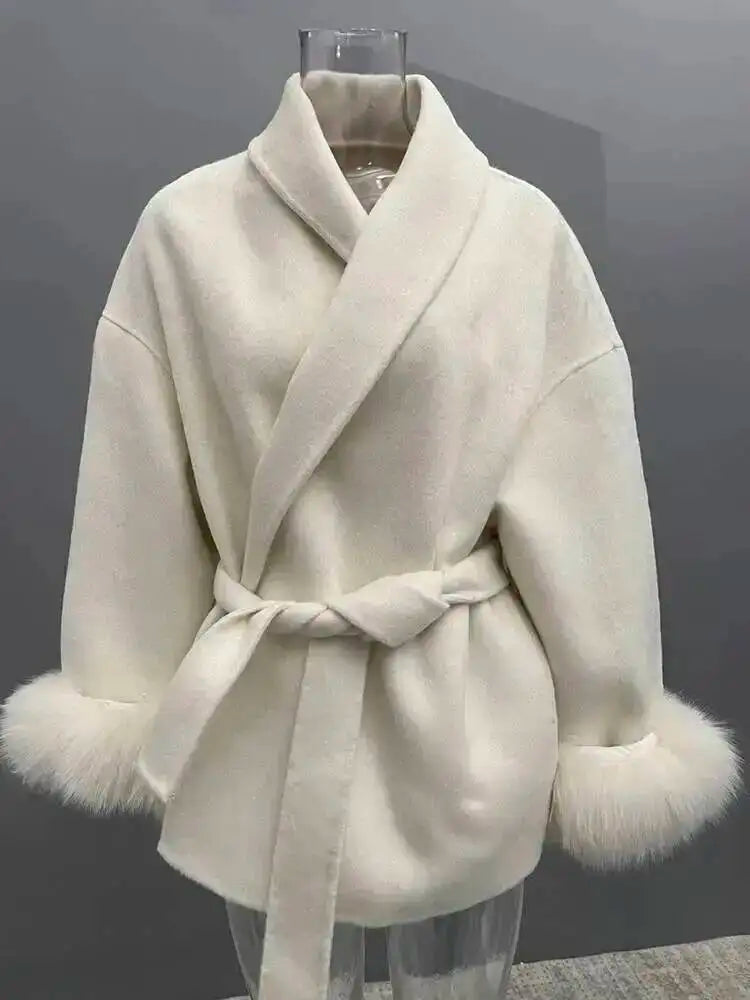 UCXQ Elegant Woolen Coat Temperament Office Lady Overcoats Fur Patchwork Long Sleeve Beautiful Women's Coats 2025 Winter New