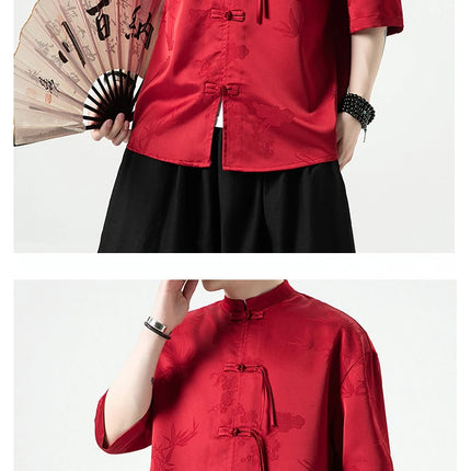 Camicia cinese da uomo con foglie di bambù floreali scuri Seta di ghiaccio Estate Confortevole e traspirante Stile retrò Camicie larghe alla moda da uomo Top