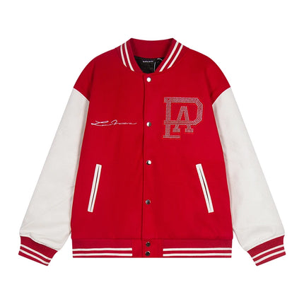 Broken Pearl Rhinestone Patchwork Leather Sleeve Baseball Jacket High Street Casual Loose Jacket Street Hip-hop Rock Fashion