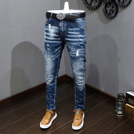 Fashion Designer Men Jeans Retro Blue Stretch Slim Fit Painted Ripped Jeans Men Korean Style Vintage Casual Denim Pants Hombre PlatiNum