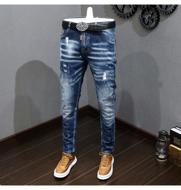 Fashion Designer Men Jeans Retro Blue Stretch Slim Fit Painted Ripped Jeans Men Korean Style Vintage Casual Denim Pants Hombre PlatiNum