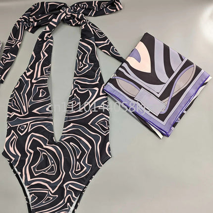 Costumi da bagno di lusso da donna con sciarpa nera e logo firmato, set bikini con fascia per capelli firmata da designer, abbigliamento da spiaggia platinumshop