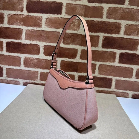 Borsa a Tracolla Baguette in Tela Rosa Chiaro, con Dettagli in Vera Pelle a Contrasto, Tracolla Sottile, Chiusura con Cerniera, Borsa a Spalla Minimalista Piccola