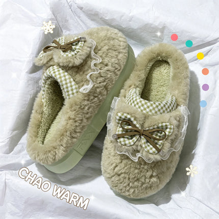 Kawaii Winter Warm Cotton Slippers Women Plaid Bowknot Lace Ruffle Plush Thick Platform Non-Slip Indoor Casual Shoes