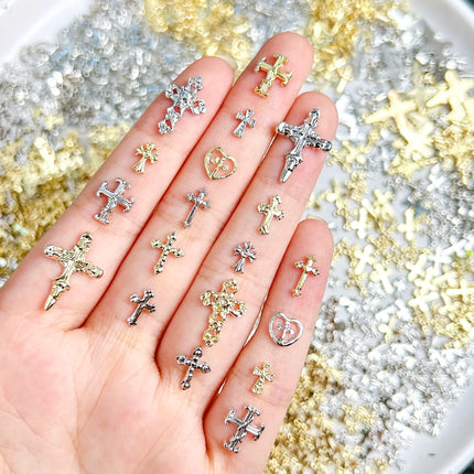 30PCS Multiple Style Shiny Alloy Cross Nail Art Charms 3D Retro Creative Heart Cross Nail Decorations for DIY Y2K Nails Designs