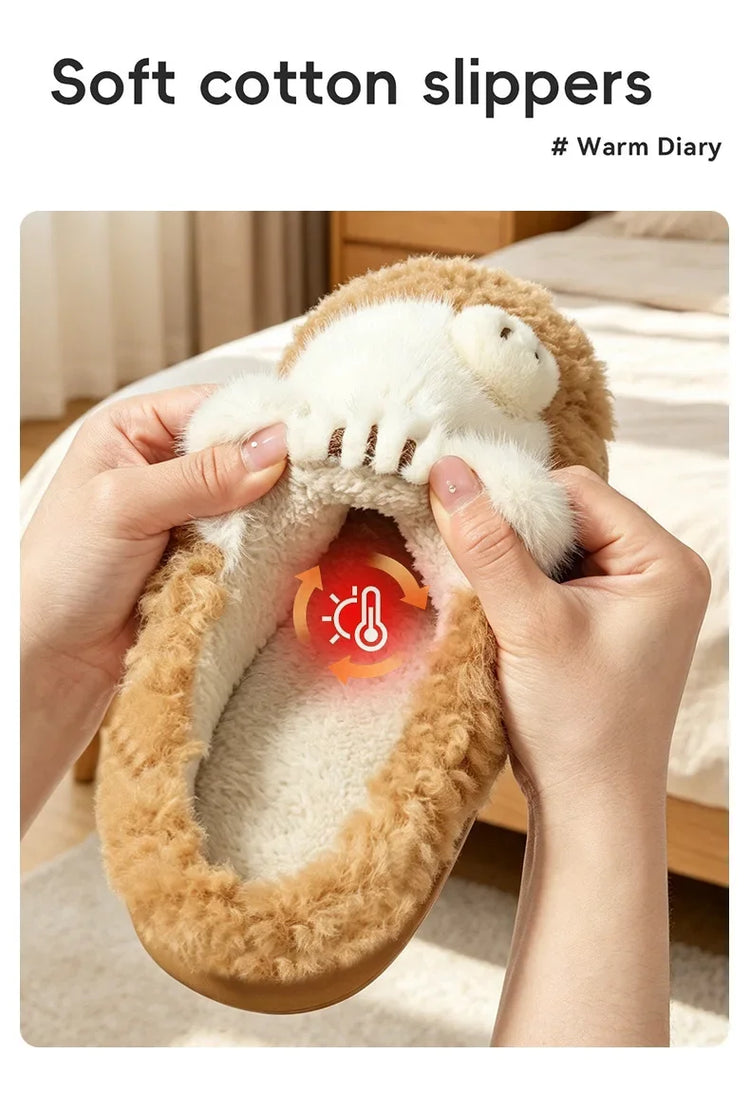 Women's Cute Cat Plush Cotton Slippers Autumn & Winter Home Anti Slip Thick Bottom Cotton Slippers Soft and Warm Indoor Slippers