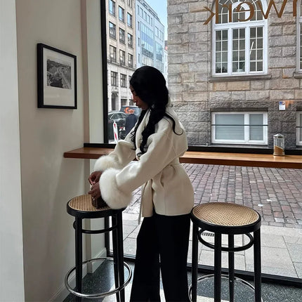 White Fur Patchwork Lace-up Overcoats Women's Street V-neck Full Sleeve Long Woolen Coat 2025 Winter New Ladies Thick Outwear