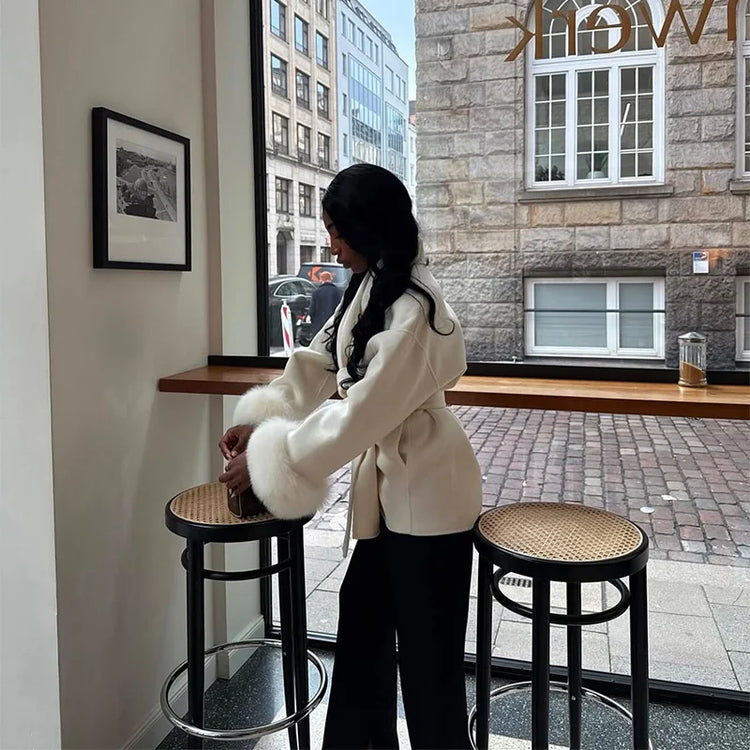 White Fur Patchwork Lace-up Overcoats Women's Street V-neck Full Sleeve Long Woolen Coat 2025 Winter New Ladies Thick Outwear