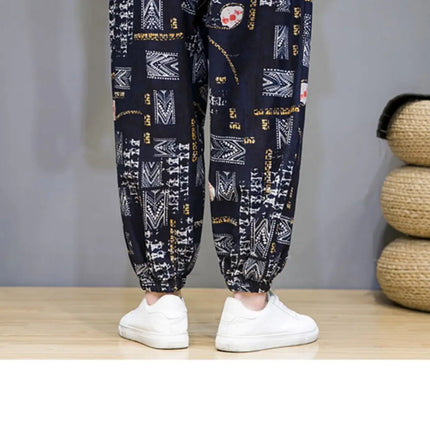 Pantaloni Primavera-Estate da Uomo in Stile Cinese, Sottili e Traspiranti in Cotone e Lino, con Vita Elastica, Pantaloni Harem Stampati Casual e Comodi