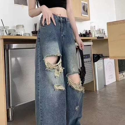 Pantaloni di jeans casual Jeans da donna Pantaloni dritti vintage Autunno Primavera Moda femminile Pantaloni a gamba larga blu Jeans con foro