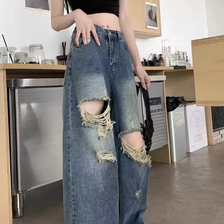 Pantaloni di jeans casual Jeans da donna Pantaloni dritti vintage Autunno Primavera Moda femminile Pantaloni a gamba larga blu Jeans con foro