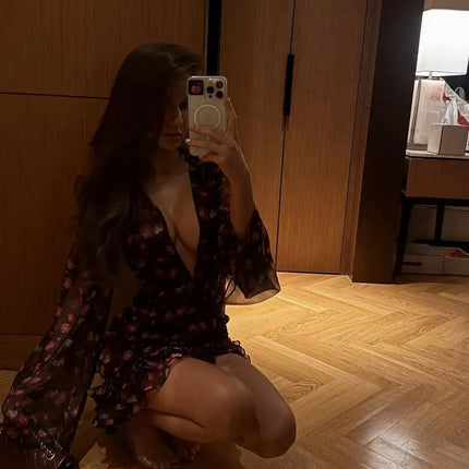 Women's Elegant Mini Dress with Ruffles and Floral Print, Long Sleeves, Deep V-Neck, Slim A-Line Dress 2026, New Women's Dress for Holidays and Street Style