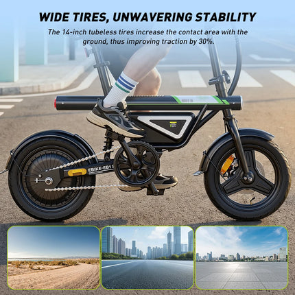 Bicicletta Elettrica EB1S da 14 Pollici, Motore 250W, Batteria 12Ah, Autonomia 30-50km, 3 Velocità, Velocità Massima 25km/h, Sospensione Centrale, E-Bike Pieghevole per Città, Bicicletta Elettrica per Adulti con Controllo