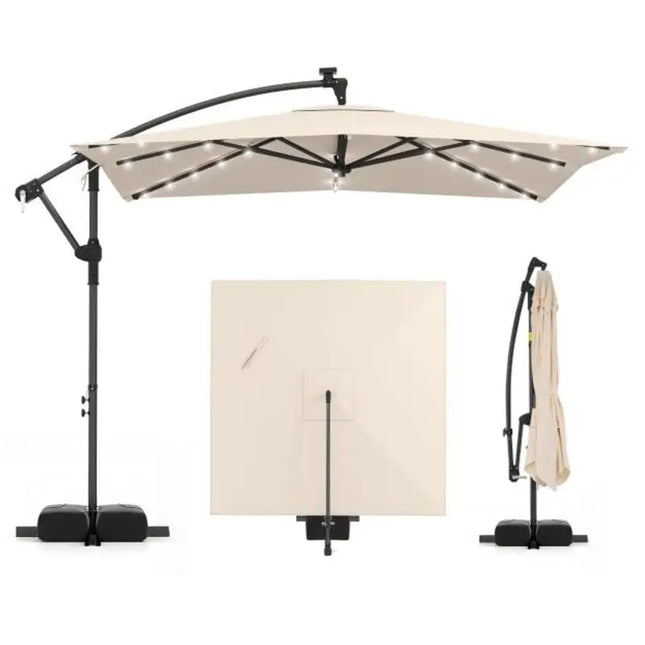 Parasol déporté 8x8 pieds avec LED solaires et rotation à 360° - Beige