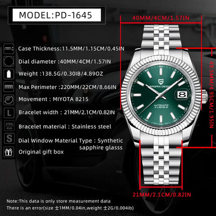 PAGANI DESIGN Luxury Men's Automatic Mechanical Watch Top Sapphire Stainless Steel 100m Waterproof Business Leisure Watch