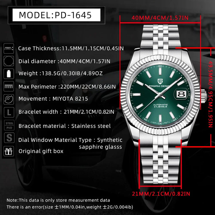 PAGANI DESIGN Luxury Men's Automatic Mechanical Watch Top Sapphire Stainless Steel 100m Waterproof Business Leisure Watch
