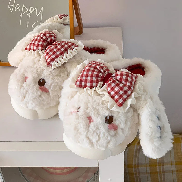 2026 New Women's Cotton Bow Bunny Slippers Winter Indoor Home Warm Household Wool Cotton Shoes Women Wear Indoor Winte