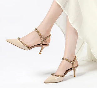 Lady autentici sandali in pelle cinturino con fibbia tacchi alti sottili scarpe alla moda Lock Gold Studs Dress Pumps 33-41 25cm White Blac