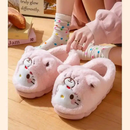 Anime Winter Plush Slippers Kuromi Hello Kitty Cinnamoroll Sanrioed Kawaii Cartoon Cute Indoor Thicken Warm Home Slippers