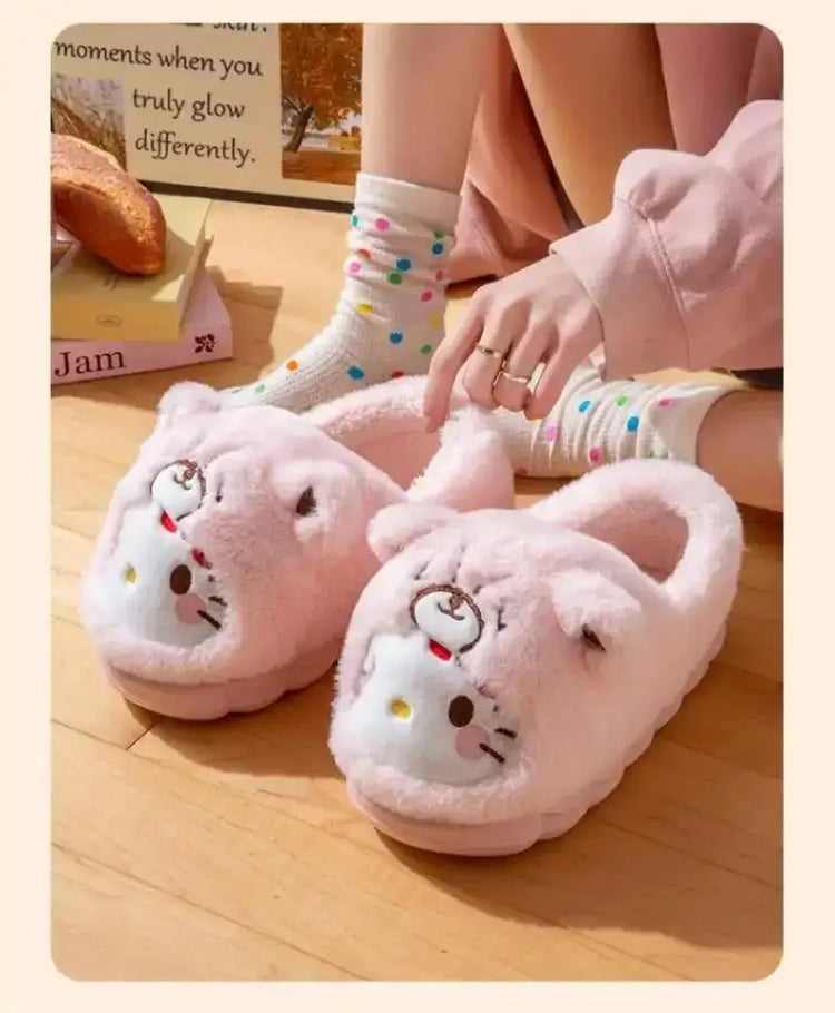 Anime Winter Plush Slippers Kuromi Hello Kitty Cinnamoroll Sanrioed Kawaii Cartoon Cute Indoor Thicken Warm Home Slippers