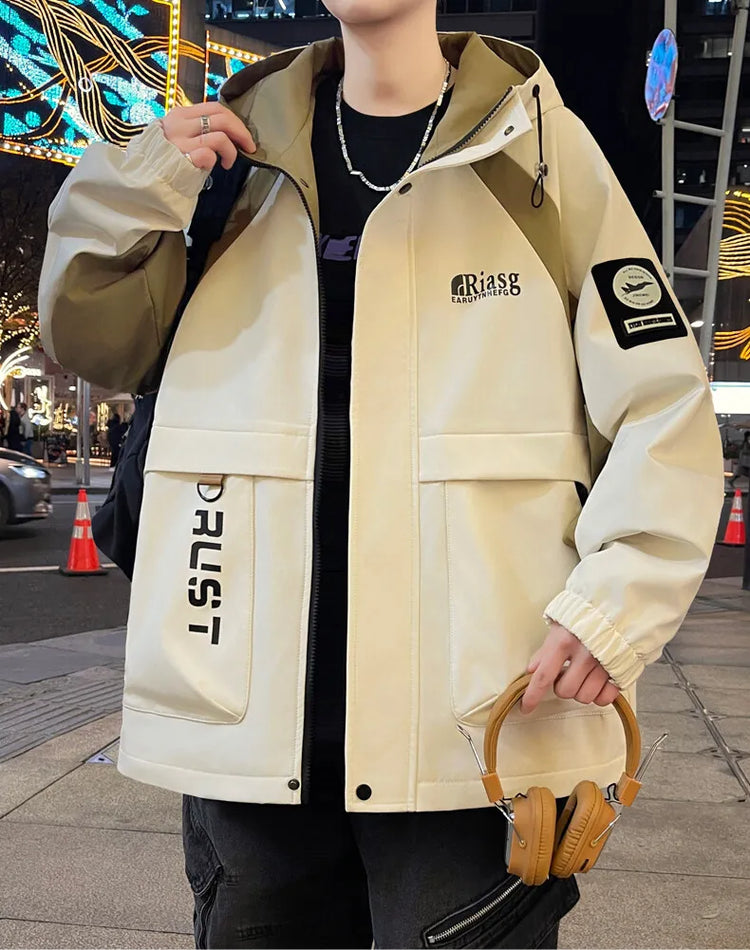 Men's Hooded Casual Jackets 2026 Spring Autumn Streetwear Windbreaker Loose Cargo Outdoor Coats Youth Daily Wear Tops Clothing