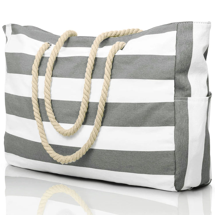 Borsa esterna con cerniera a righe per viaggi e vacanze all'aperto, tela impermeabile e resistente alla sabbia, comoda borsa da spiaggia pieghevole-zmt