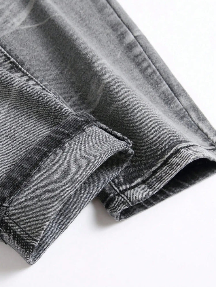 Men‘s Stretchy Denim Jeans Streetwear Tearing Patchwork Holes Ripped Denim Elastic Waist Casual Pants Slim fit Straight Trousers PlatiNum