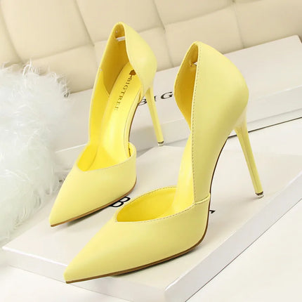 Donne di estate 10.5 centimetri Tacchi Alti Pompe di Pelle Femminile Escarpins Elegante Dolce Giallo Rosa Stiletto Della Signora Tacchi Da Sposa Scarpe Cave